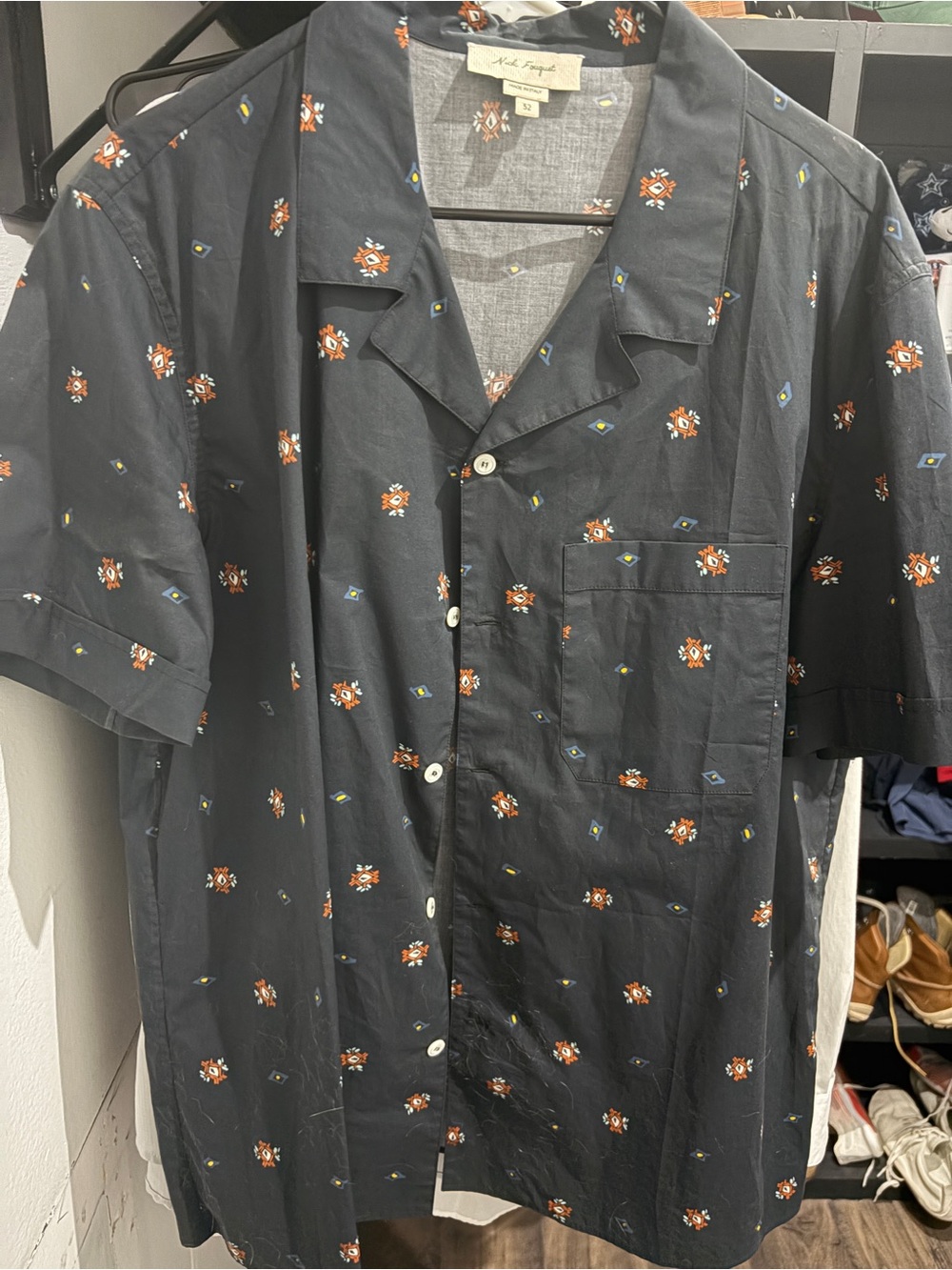 Nick Fouquet Black Short-Sleeve Button-Down with Rust Floral Motif XL/52